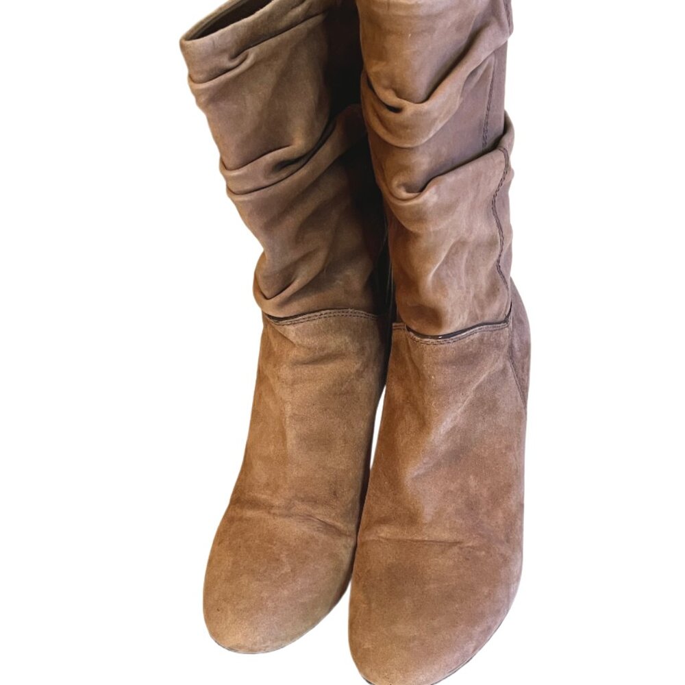Louis Vuitton Camel Suede Slouch Wedge Boots Gold Metal Logo on Heels Size  37/7 - Picture 3 of 14